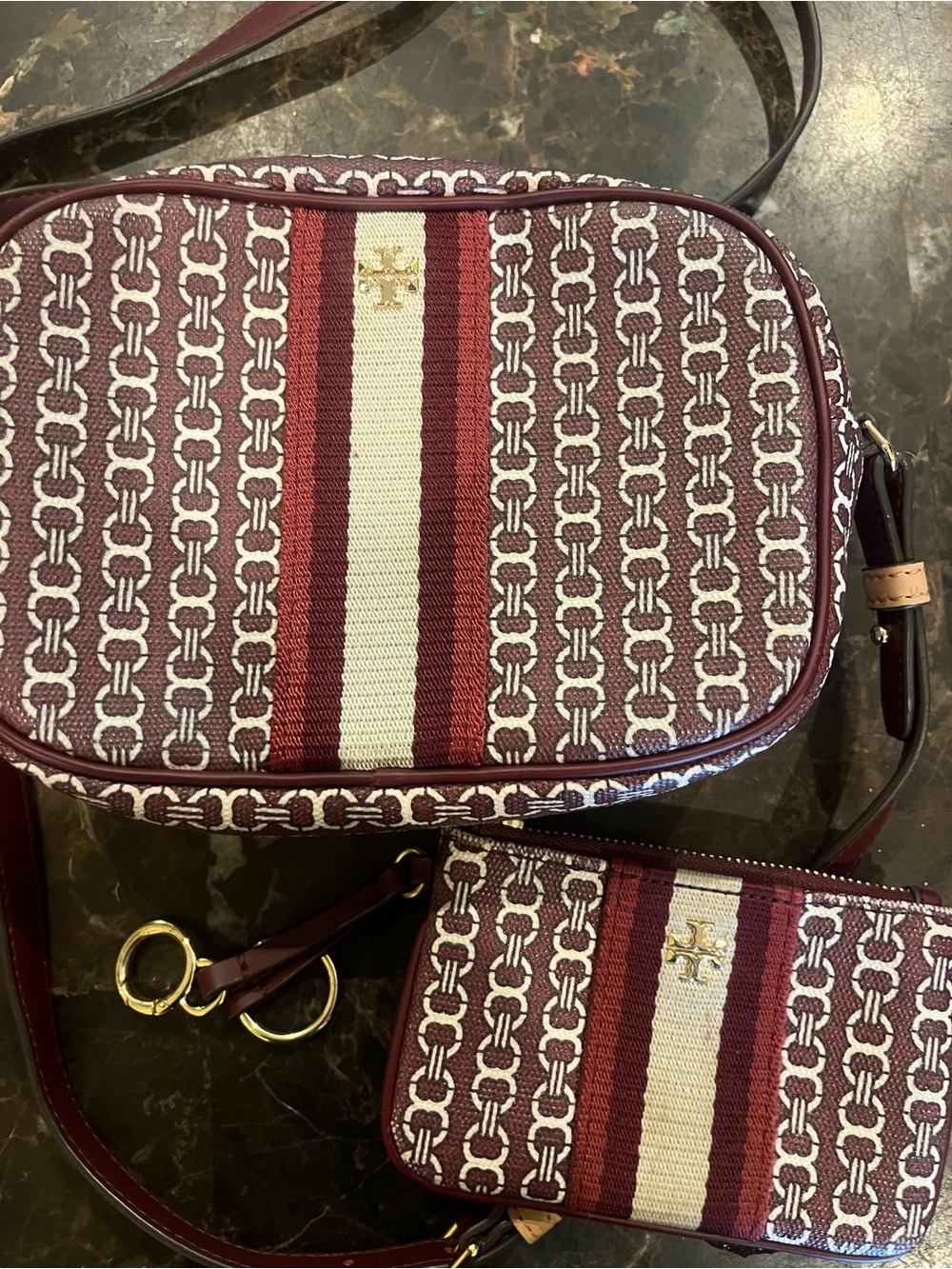 Tory Burch Maroon Logo Jacquard Gemini Crossbody Bag with wallet - Picture 2 of 5